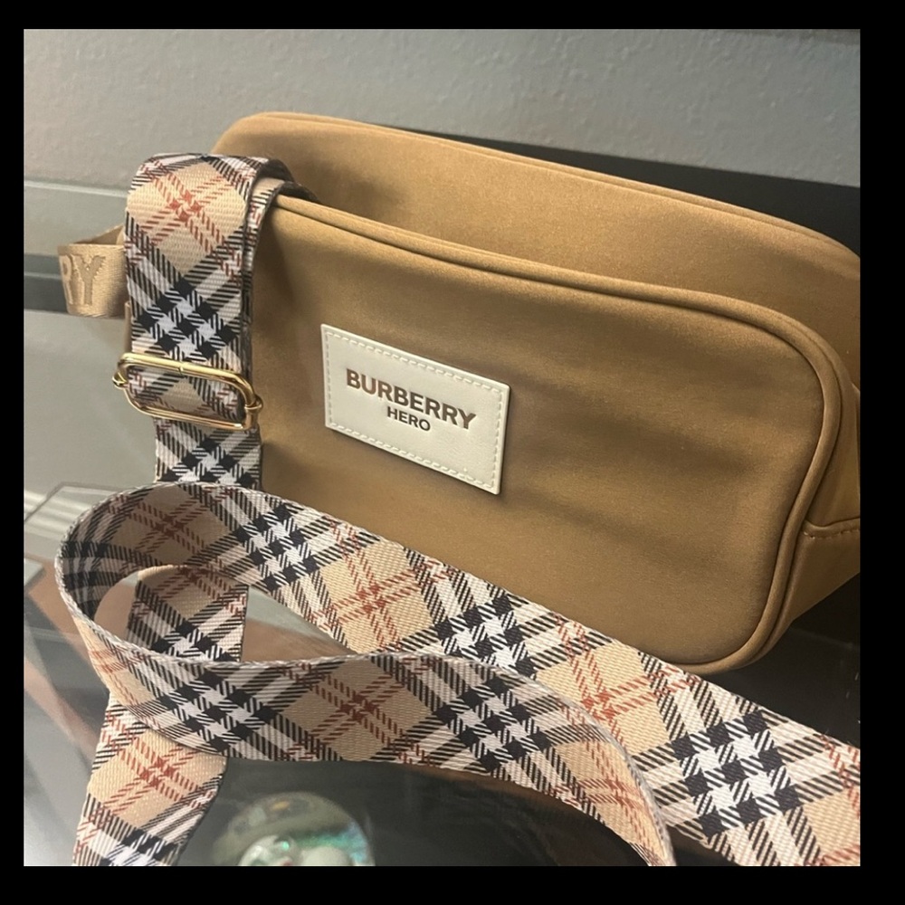 Burberry Camel Duffel Bag with Plaid Strap
